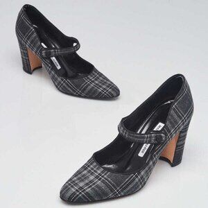Manolo Blahnik Grey/Black Plaid Wool Mary Jane Pumps Size 6.5/37